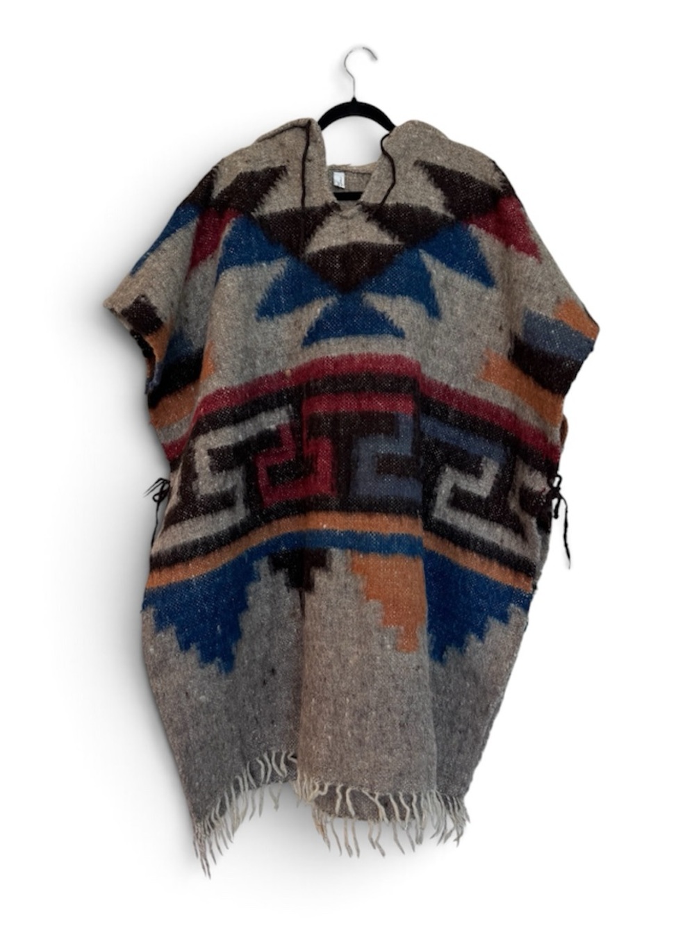 Southwestern Aztec Wool Blanket Poncho with Hood Gray Multi OS
